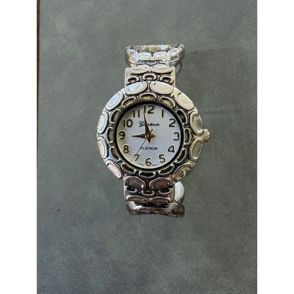 Vintage Geneva Chunky Cuff Bracelet Watch Silver Tone Y2K Boho Statement